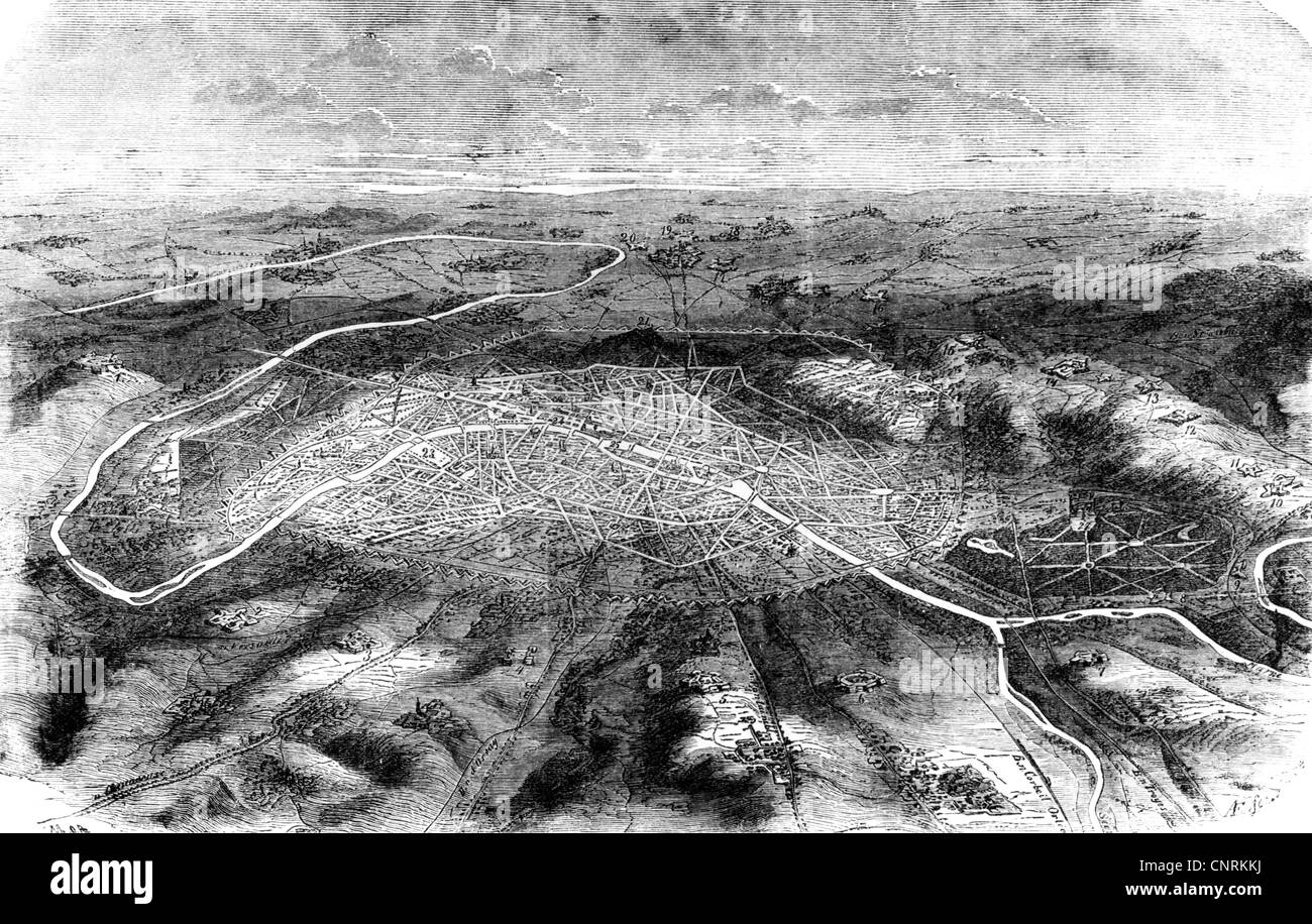 Evénements, Guerre franco-prussienne 1870 - 1871, Siège de Paris, 19.9.1870 - 28.1.1871, vue aérienne de la ville et de la vincinty, gravure en bois, fin du XIXe siècle, Seine, forteresse, fortifications, France, franco-prussienne, historique, historique, droits additionnels-Clearences-non disponible Banque D'Images