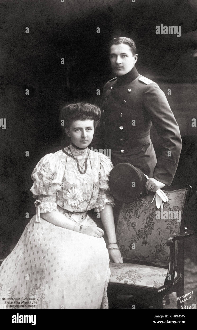 Août Wilhelm, 29.1.1887 - 25.3.1949, prince de Prusse, avec cousin princesse Alexandra Victoria zu Schleswig-Holstein-Sonderburg-Gluecksburg, carte postale, Feilner und Mohaupt, Oldenburg, 1906, Banque D'Images