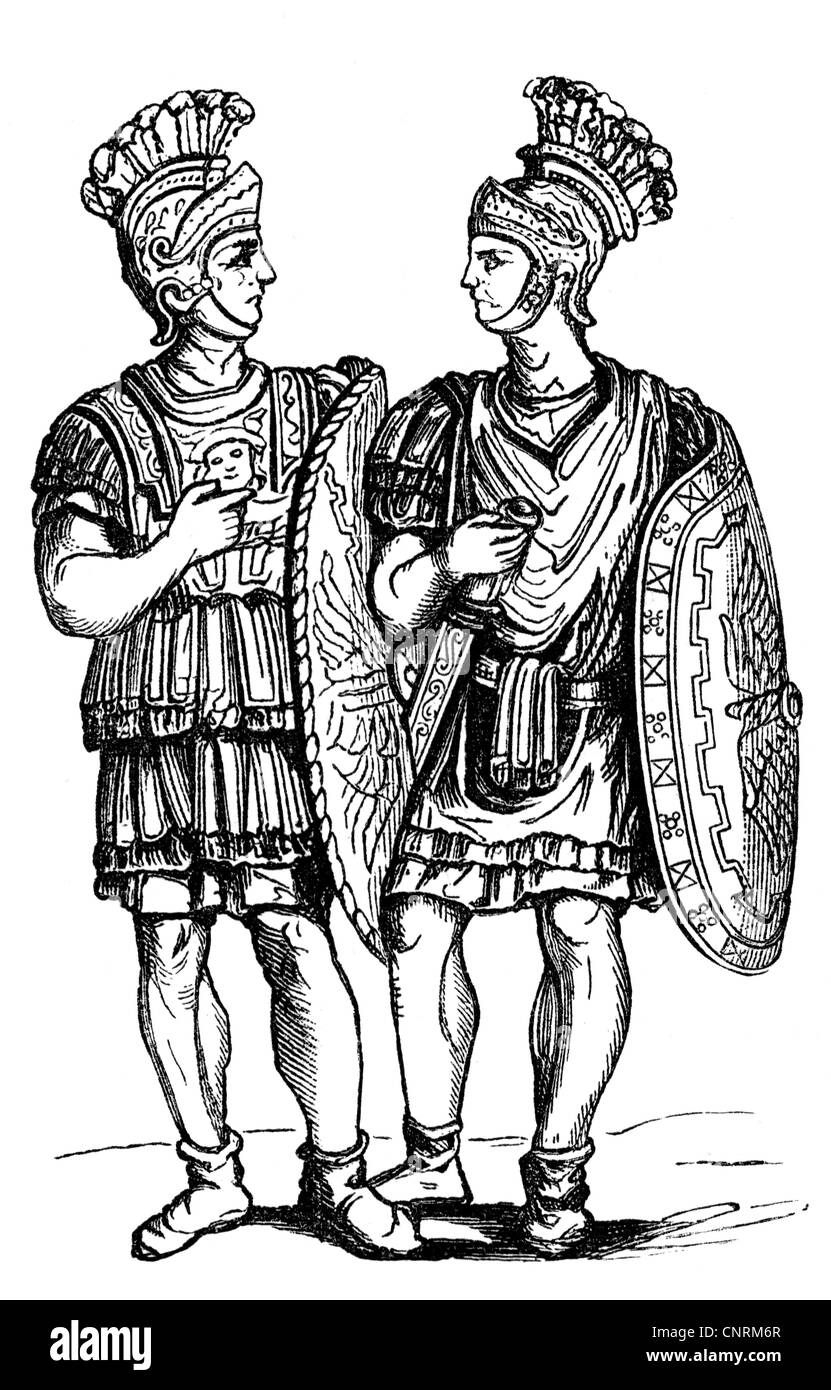 Militaire, ancien monde, Empire romain, deux membres de la Garde prétorienne, 1er siècle après J.-C., gravure en bois, 19e siècle, après soulagement, Louvre, Paris, Rome, Garde prétorienne, , parades, parade militaire, armure, armure, légion, légions, soldat, soldats, romain, casques, casque, bouclier, boucliers, historique, historique, monde ancien, peuple, Clearences-non disponible Banque D'Images