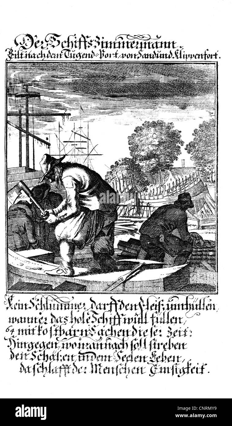 Les gens, les professions, les Carpenter, gravure sur cuivre à partir de "taendebuch" de Christoph Weigel, 1698, avec le verset par Abraham a Santa Clara, , n'a pas d'auteur de l'artiste pour être effacé Banque D'Images
