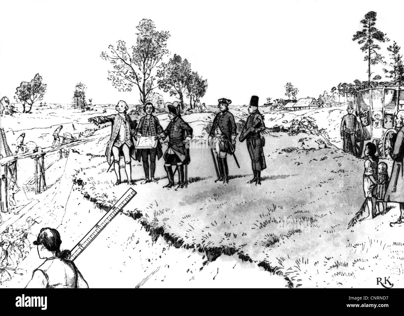 Frederick II 'le Grand', 24.1.1712 - 17.6.1786, roi de Prusse 31.5.1740 - 17.6.1786, avec l'architecte Georg Wenzeslaus von Knobelsdorff pendant la construction du palais de Sanssouci, vers 1746, dessin de Richard Knoetel, XIXe siècle, , Banque D'Images