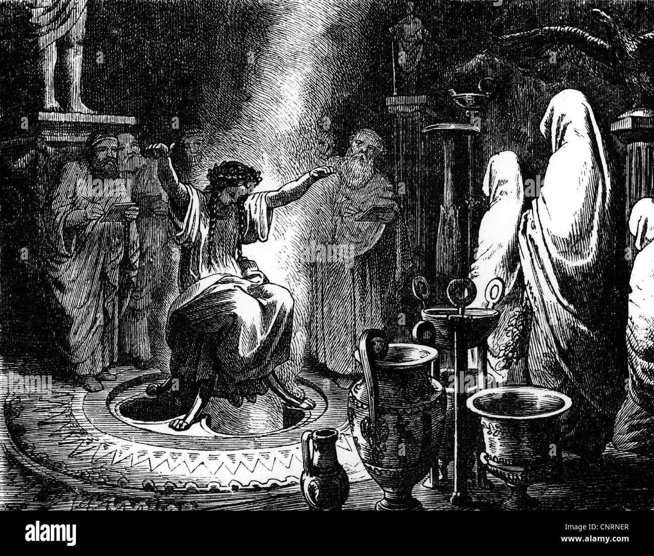 Monde antique, Grèce, religion, Delphique Sibyl, la prêtresse Pythia faisant ses prophéties, assis dans un chaudron sur un trépied, droits additionnels-Clearences-non disponible Banque D'Images
