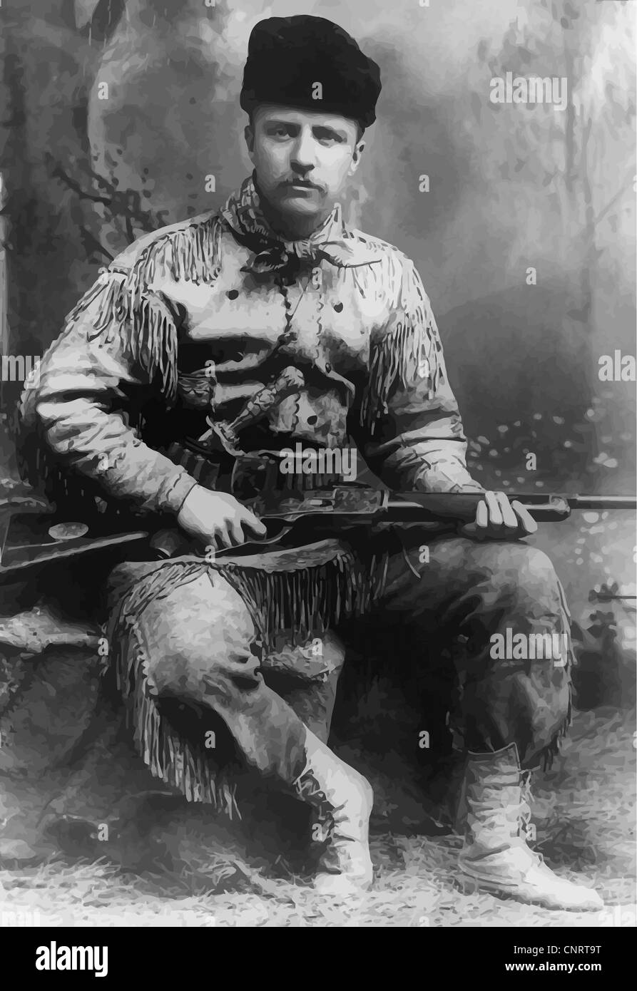 Vecteur restaurés numériquement portrait d'une jeune Théodore Roosevelt avec ses hautes-décoré de peau de cerf costume de chasse. Banque D'Images