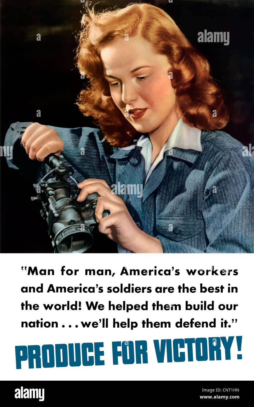 Ce millésime La Seconde Guerre mondiale poster dispose d'une belle jeune femme qui travaillait dans une usine. Banque D'Images