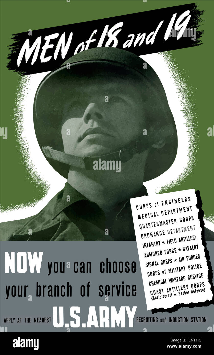 Ce millésime La Seconde Guerre mondiale affiche de recrutement dispose d'un fier soldat de l'armée américaine. Banque D'Images