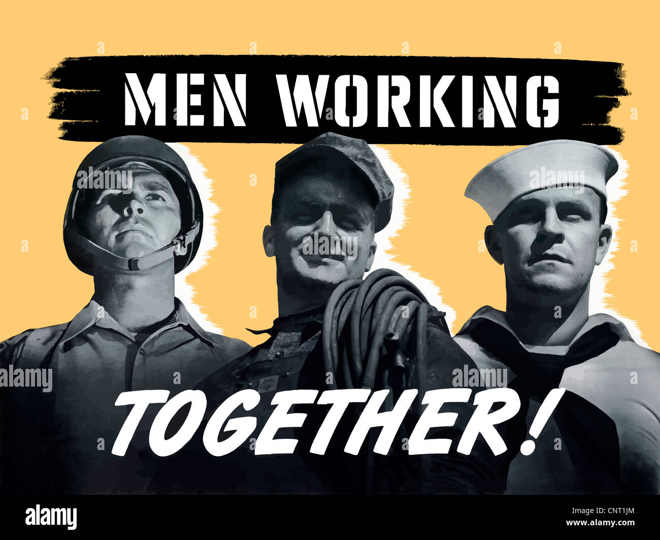 Ce millésime La Seconde Guerre mondiale affiche dispose d'un soldat américain, un travailleur d'usine, et d'une marine marins. Banque D'Images