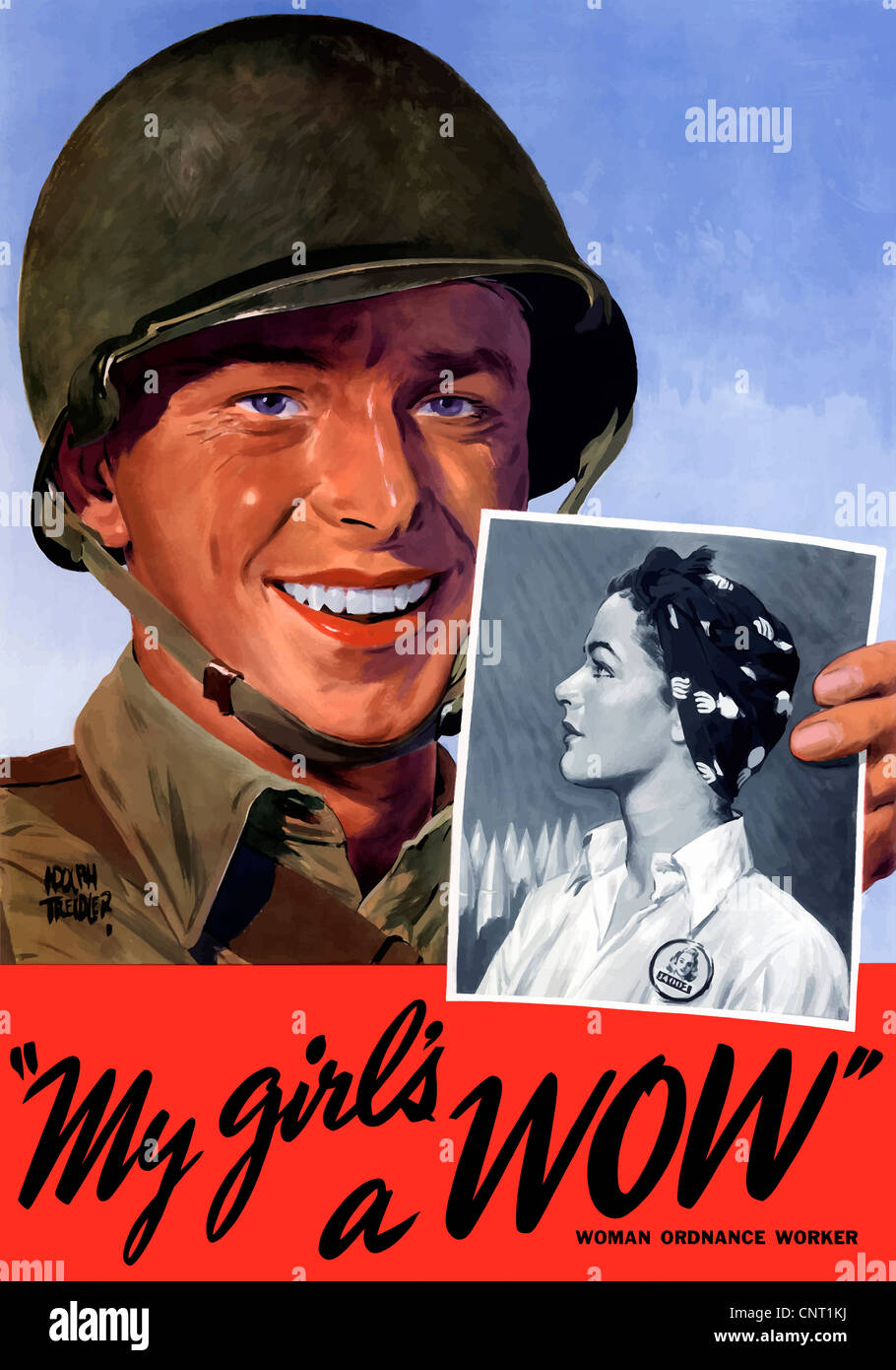 Ce millésime La Seconde Guerre mondiale affiche dispose d'un soldat américain en souriant tenant une photo de son amie. Banque D'Images