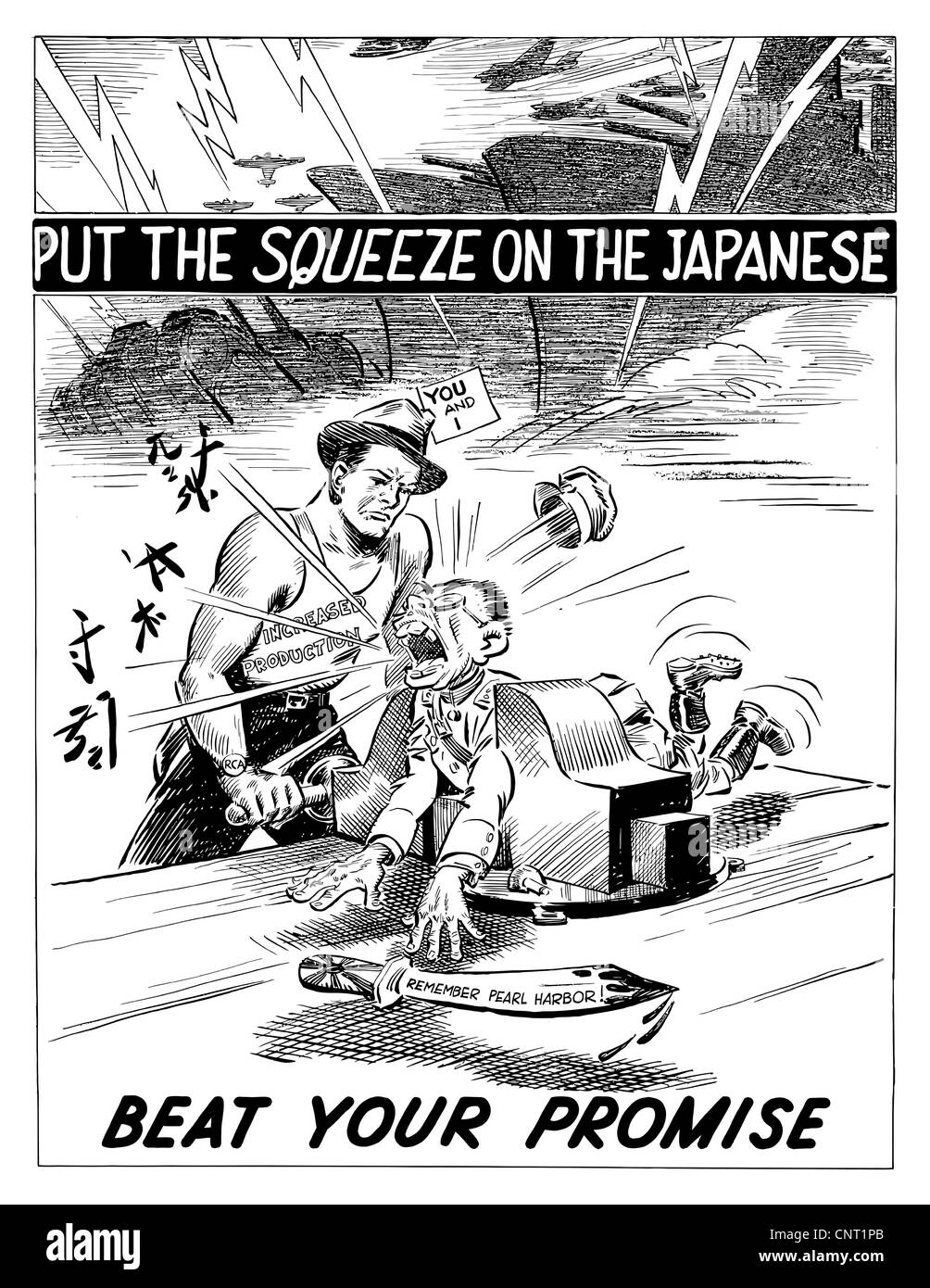 Ce millésime La Seconde Guerre mondiale affiche de cartoon dispose d''un employé d'usine pinçant un soldat japonais dans un étau. Banque D'Images