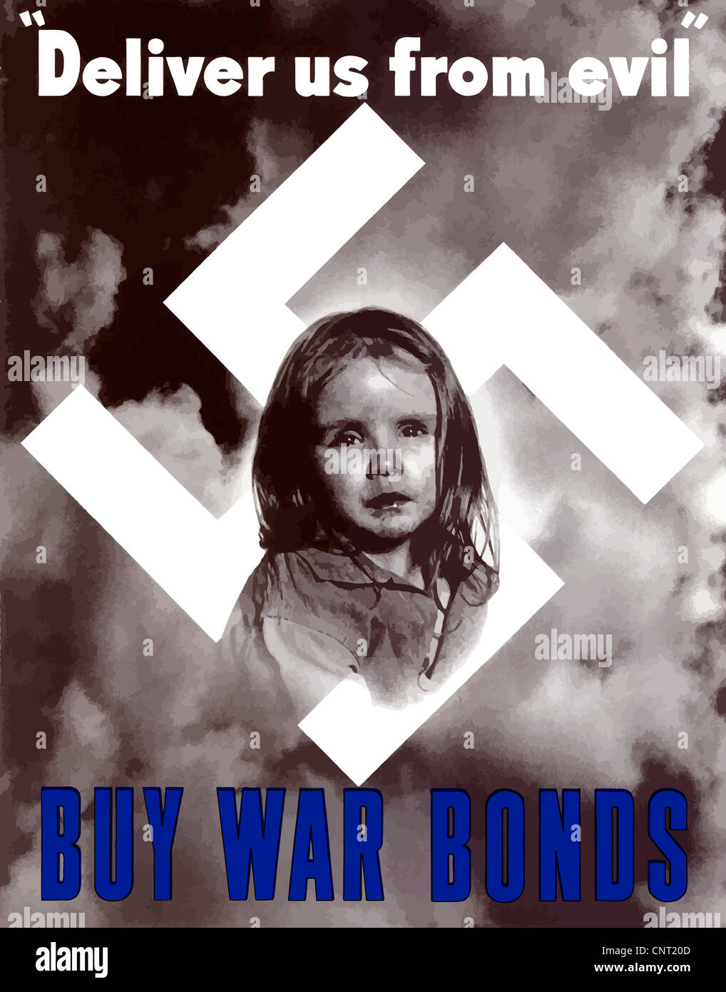 Ce millésime La Seconde Guerre mondiale poster dispose d'une petite fille pleurer en face de swastika et un fond orageux. Banque D'Images