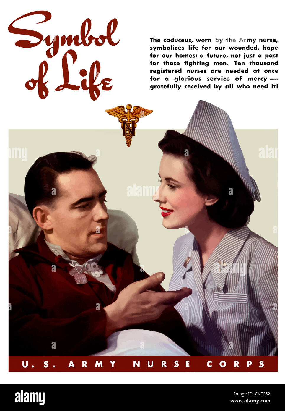 Ce millésime la Seconde Guerre mondiale, dispose d'une infirmière de l'armée de l'affiche, un vétéran dans un lit d'hôpital, et d'un caducée. Banque D'Images