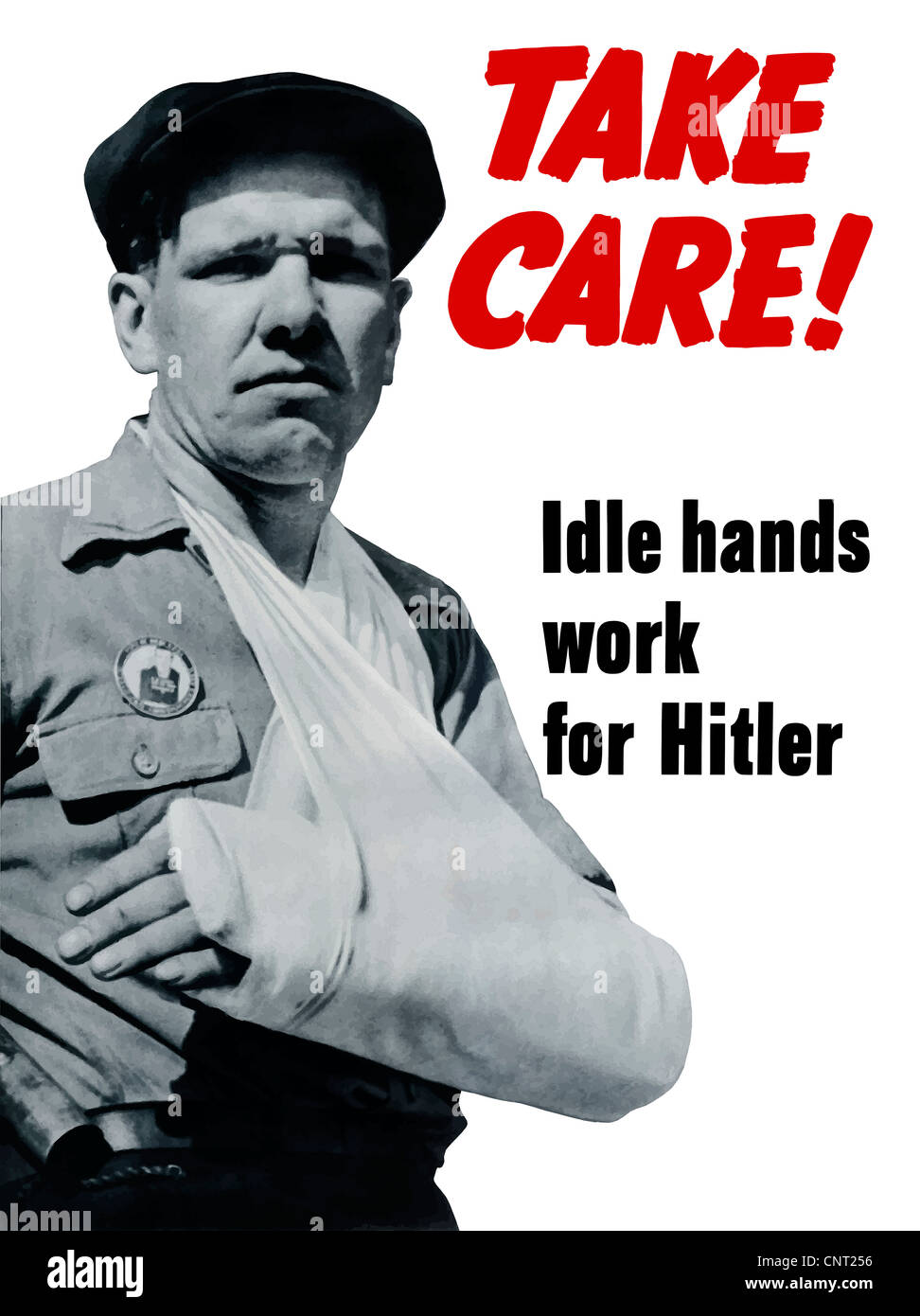Ce millésime La Seconde Guerre mondiale affiche dispose d'un employé d'usine avec un bras en écharpe. Banque D'Images