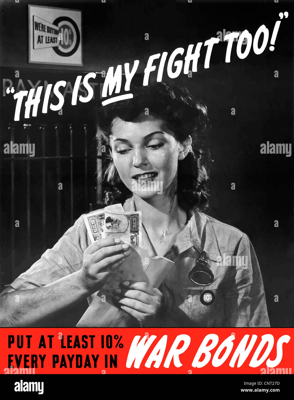 Ce millésime La Seconde Guerre mondiale affiche dispose d'un employé d'usine femelle tenant son gagné après avoir paye. Banque D'Images
