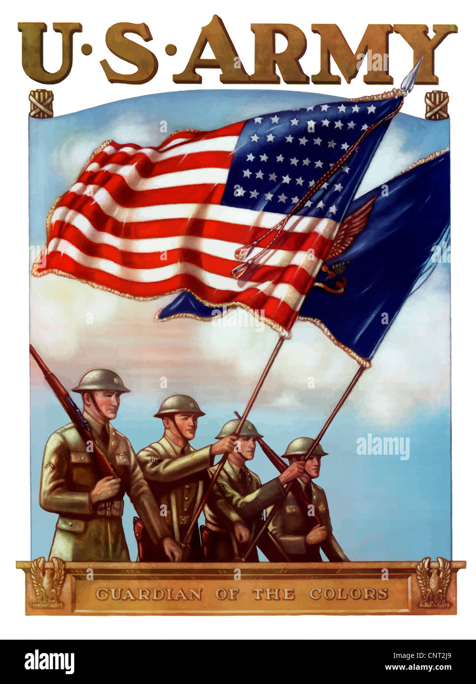 Ce millésime la Seconde Guerre mondiale, les troupes de l'armée américaine dispose de l'affiche de la marche avec le drapeau américain. Banque D'Images