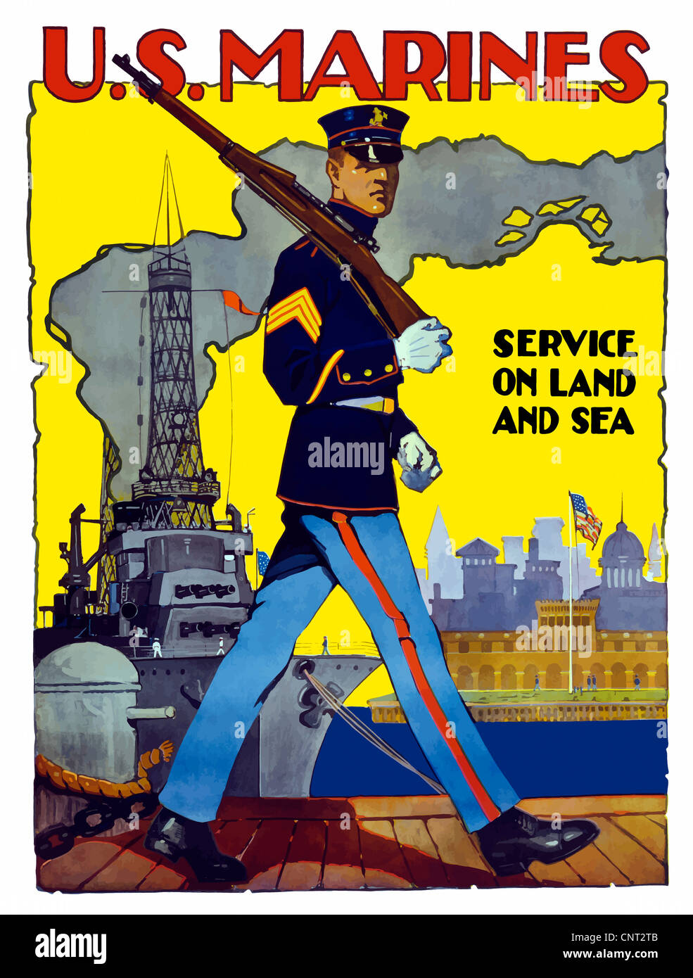 Vintage poster la seconde guerre mondiale d'un Marine américain marchant le long d'un quai avec son fusil, un cuirassé est amarré à port derrière lui. Banque D'Images