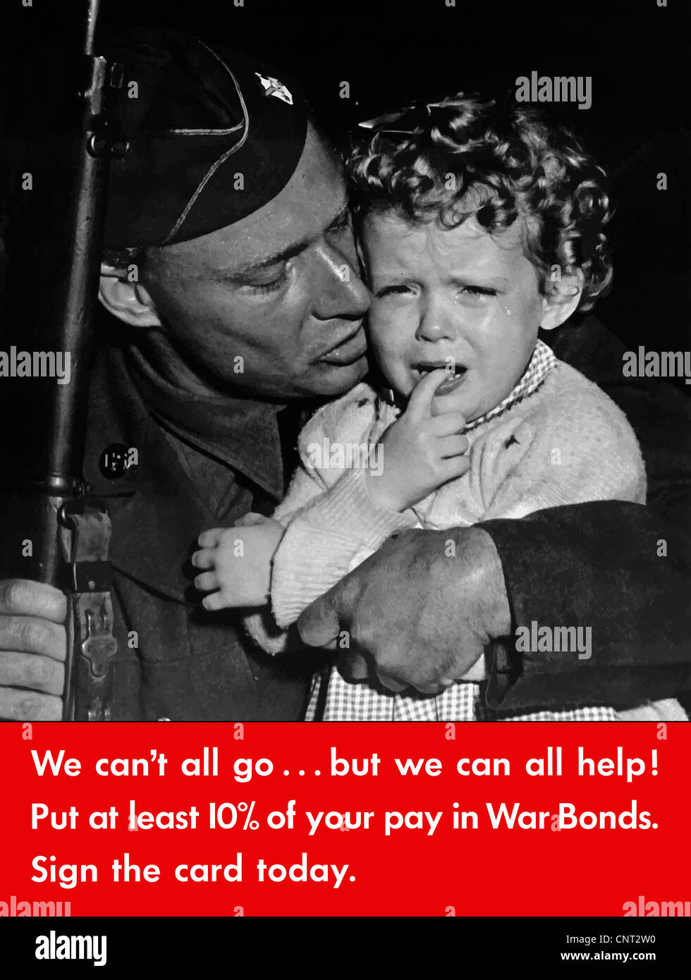Ce millésime La Seconde Guerre mondiale affiche dispose d'un soldat, fusil en main, tenant un enfant qui pleure. Banque D'Images