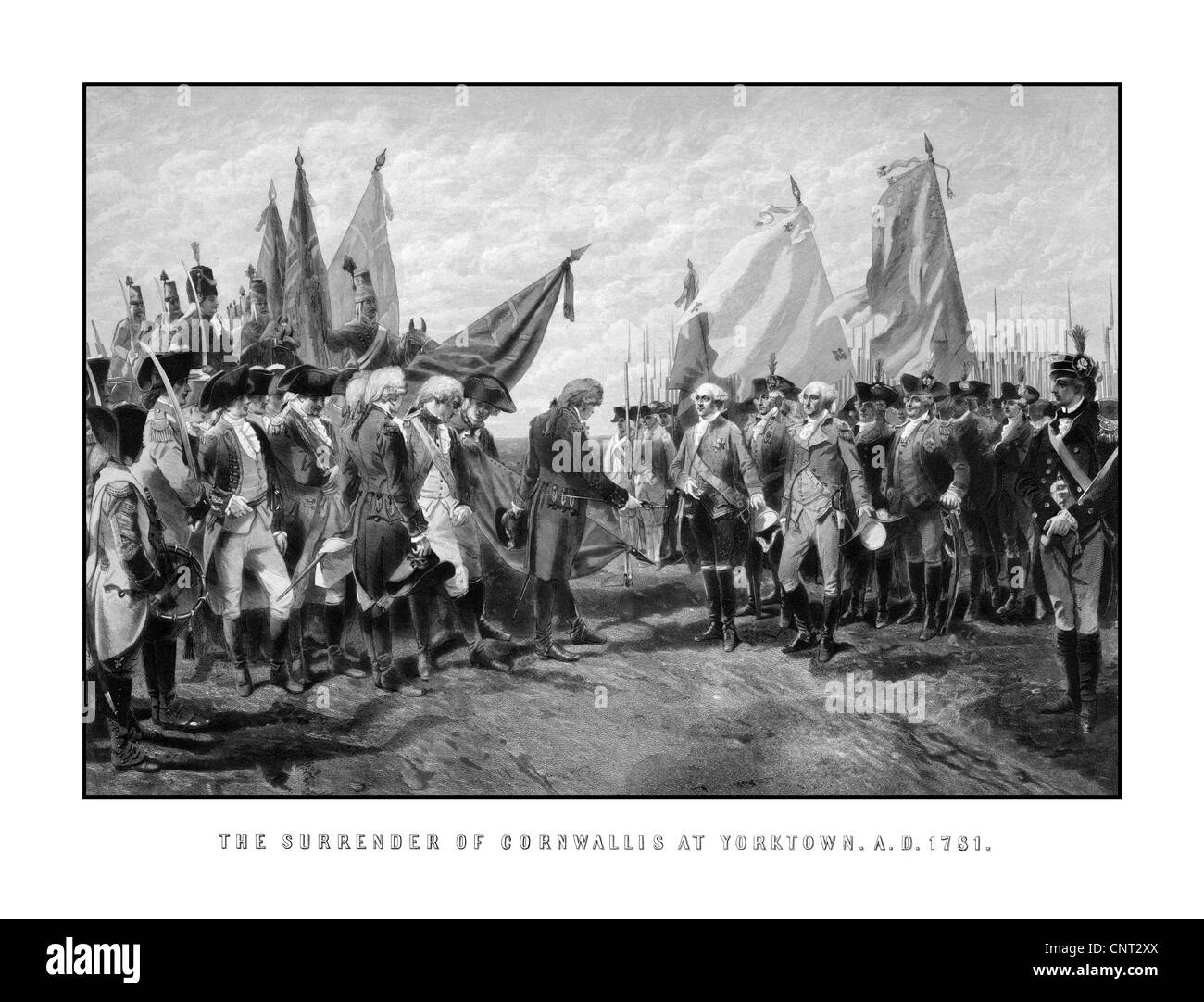 La guerre révolutionnaire Vintage print montrant la reddition des troupes britanniques au Général George Washington et l'armée continentale. Banque D'Images
