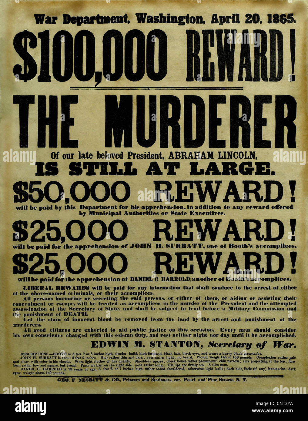 Vintage poster Guerre civile offrant une récompense pour la capture des assassins du Président Abraham Lincoln. Banque D'Images