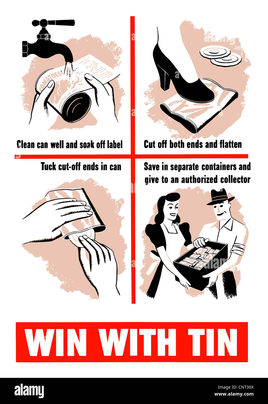 Vintage poster la Seconde Guerre mondiale, montrant une femme au foyer donnant des directives sur la façon de préparer les boîtes de conserve pour un collecteur. Banque D'Images