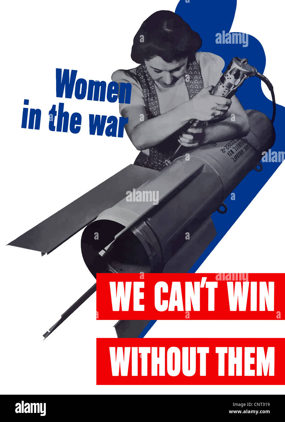 Vintage poster la seconde guerre mondiale d'une femme employée d'usine construction d'une fusée. Banque D'Images