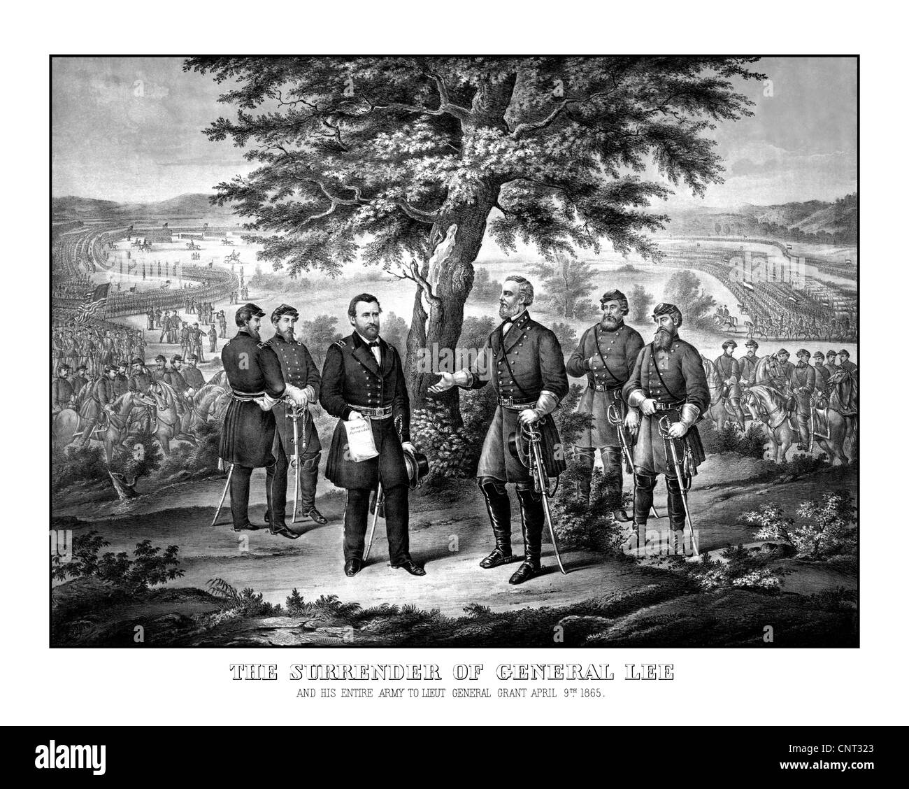 Guerre civile Vintage print montrant la reddition du général Robert E. Lee au Général Ulysses S. Grant. Banque D'Images