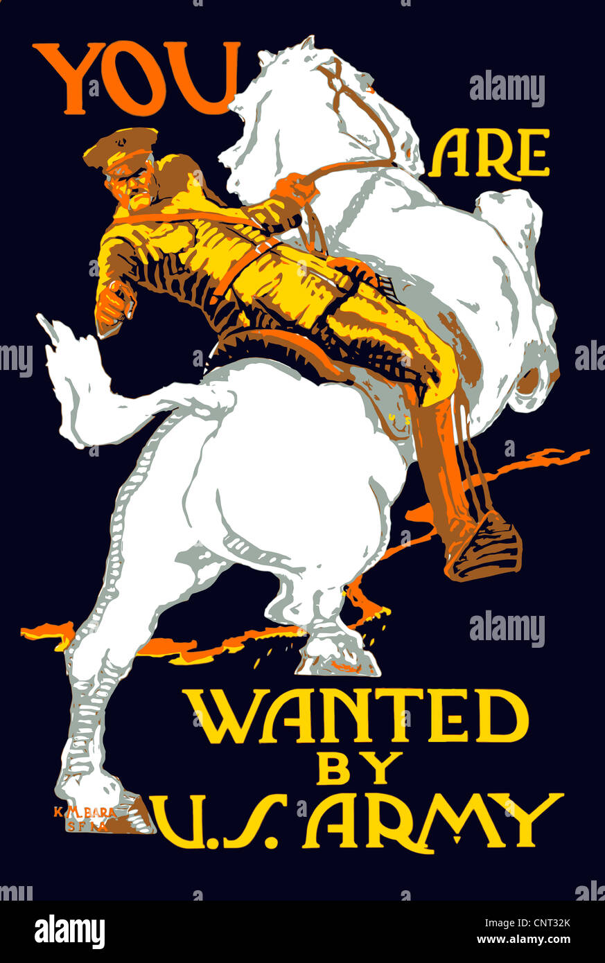 Vintage poster la Première Guerre mondiale d'un officier de l'Armée américaine à cheval, pointant sur l'afficheur. Il lit, vous êtes recherché par l'armée américaine. Banque D'Images