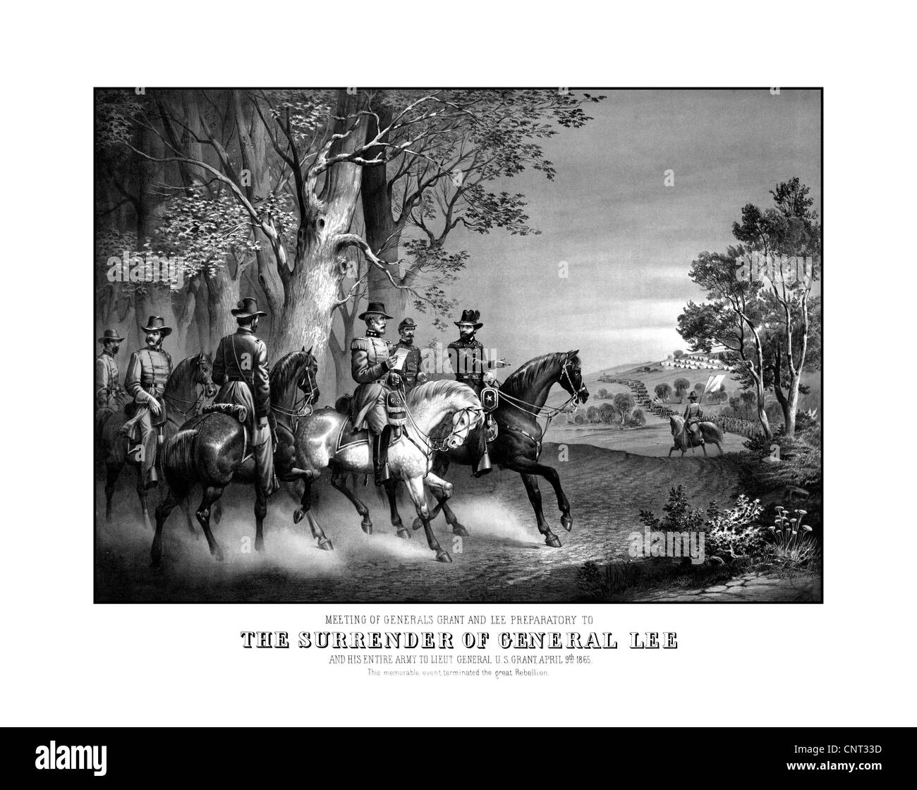 Guerre civile Vintage print montrant la réunion des généraux Robert E. Lee et Ulysses S. Grant. Banque D'Images