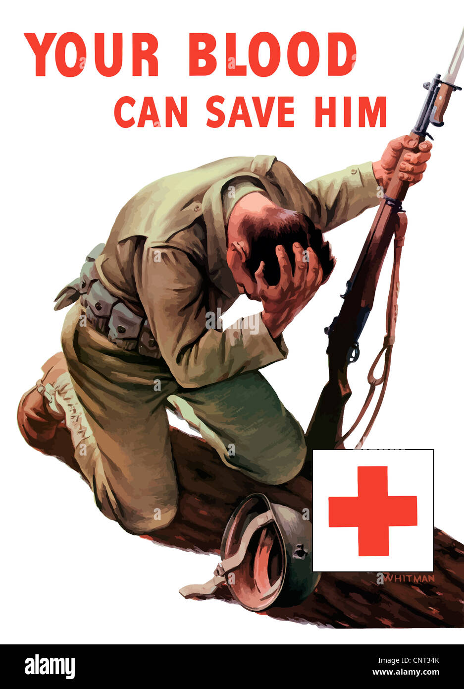 Vintage poster la seconde guerre mondiale d'un soldat à genoux et tenait la tête, son casque pose à côté de lui percée d'un trou de balle. Banque D'Images