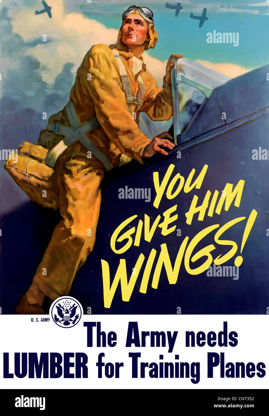 Vintage poster la seconde guerre mondiale d'un pilote dans son avion, et les aéronefs volant dans l'arrière-plan. Banque D'Images