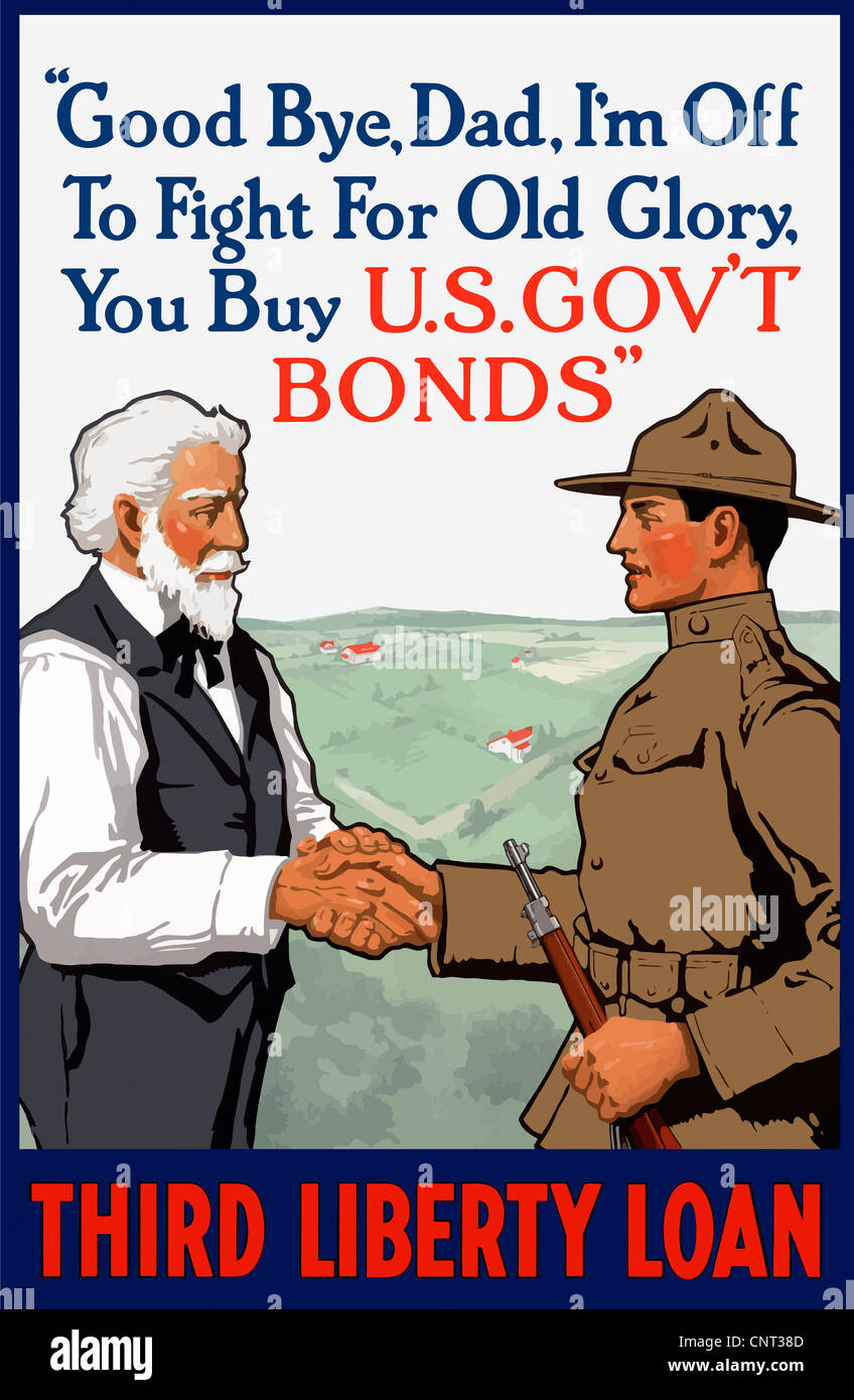Vintage La Première Guerre mondiale affiche montrant un jeune soldat tenant un fusil et en agitant la main de son père. Banque D'Images