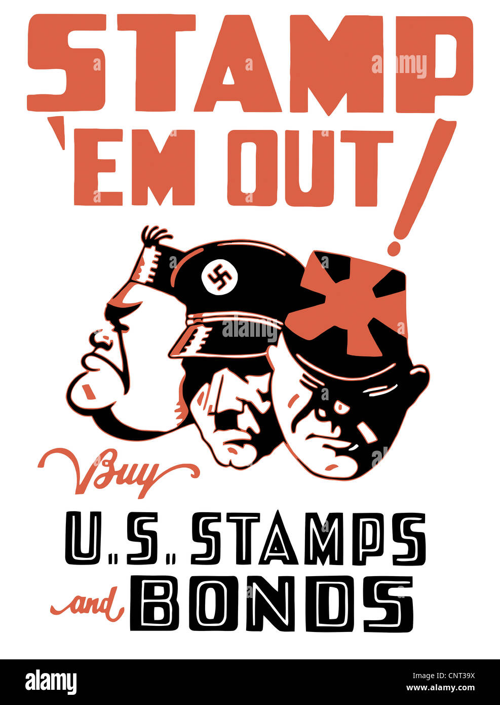 Vintage La Seconde Guerre mondiale affiche montrant les visages des dirigeants de l'axe de dessin animé, Benito Mussolini, Adolf Hitler, et l'empereur Hirohito. Banque D'Images