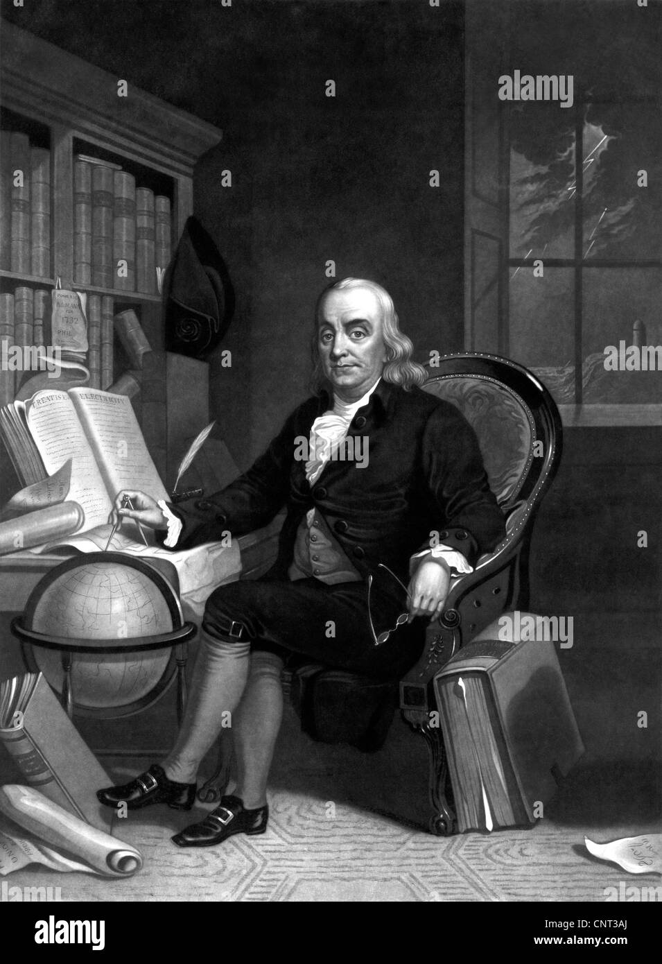 L'histoire de l'Amérique Vintage print of Benjamin Franklin font de la recherche dans son étude. Banque D'Images