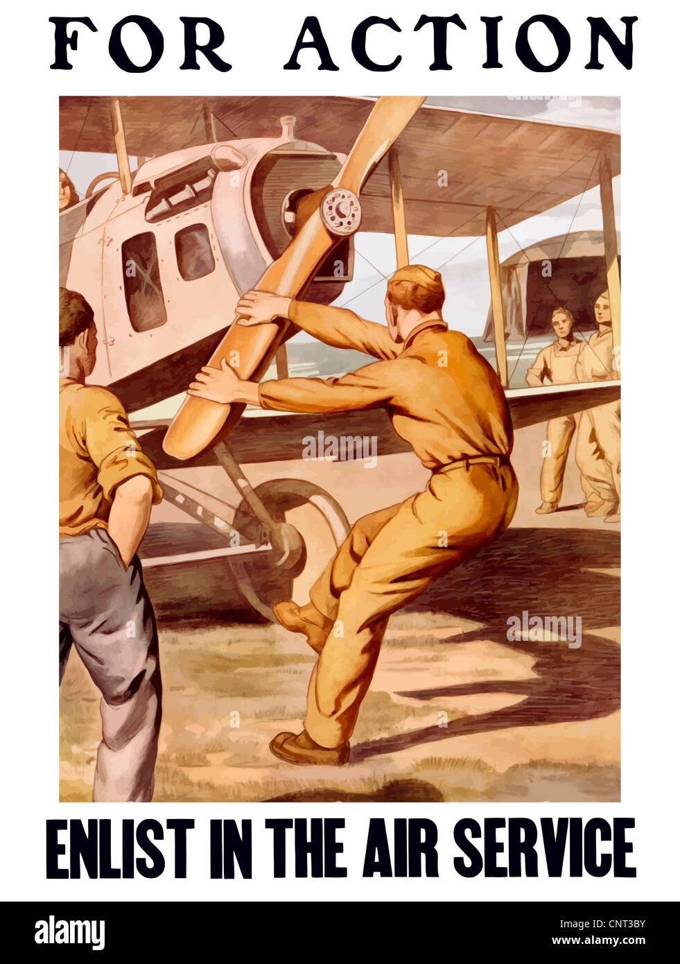 Vintage poster de la Première Guerre mondiale, un pilote américain lancé l'hélice d'un avion à l'extérieur d'un cintre. Banque D'Images