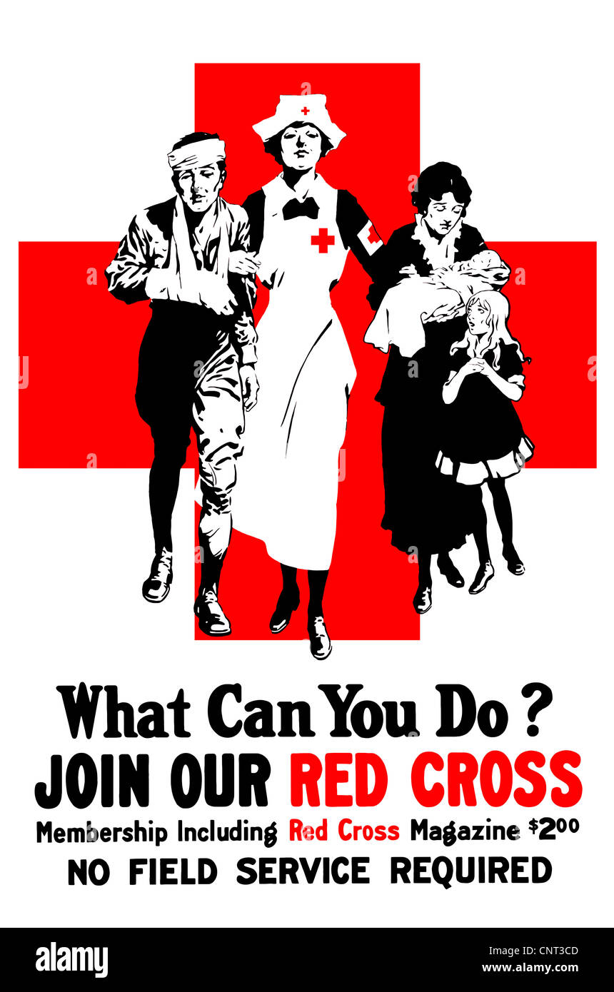 Vintage poster la Première Guerre mondiale d'une infirmière ayant tendance à un soldat blessé et une grande croix rouge en arrière-plan. Banque D'Images
