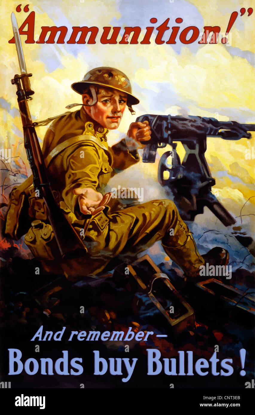 Vintage poster de la Première Guerre mondiale, un soldat américain tirant une mitrailleuse sur un champ de bataille. Banque D'Images