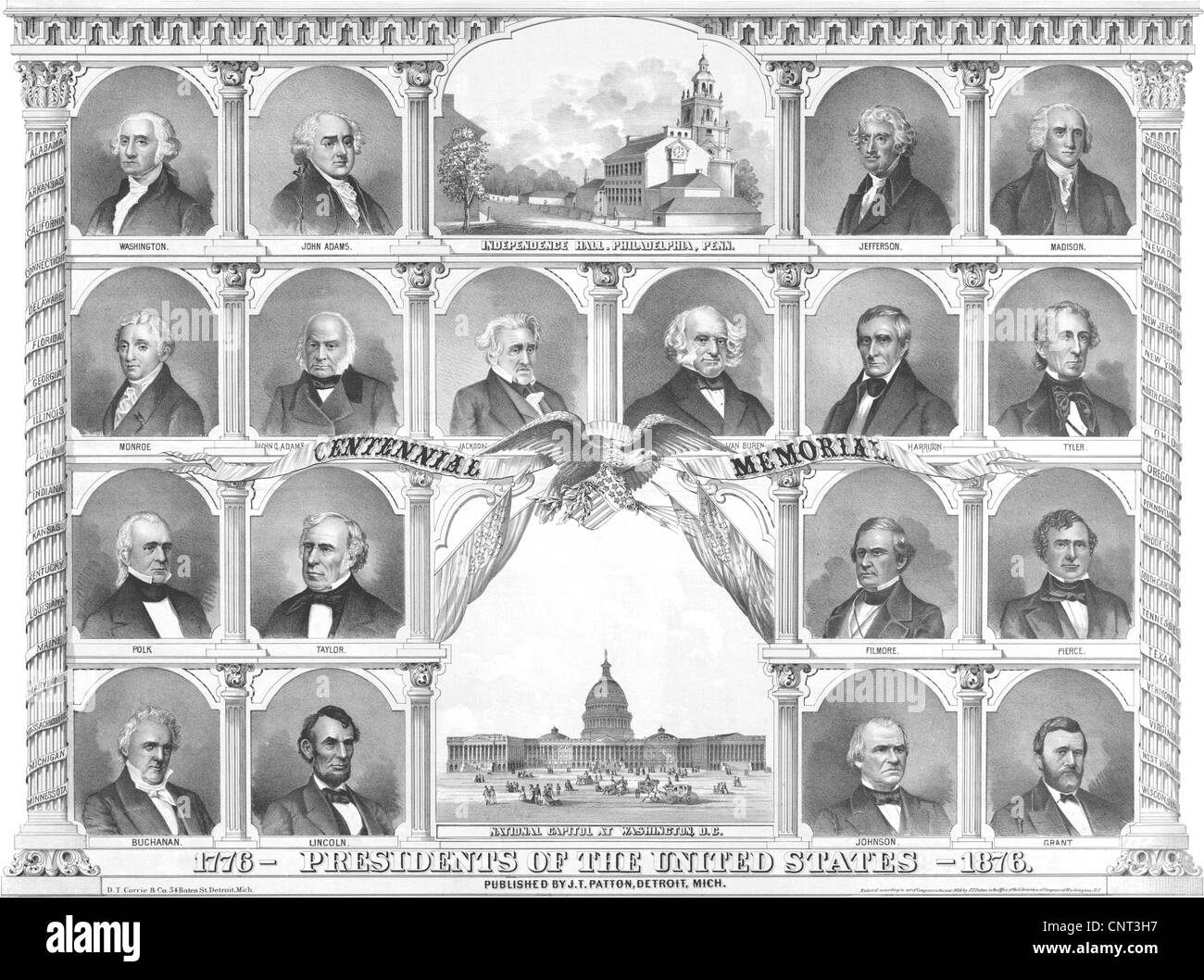 L'histoire de l'Amérique Vintage print de la dix-huit premiers présidents des États-Unis, du président des États-Unis à Washington l'octroi. Banque D'Images