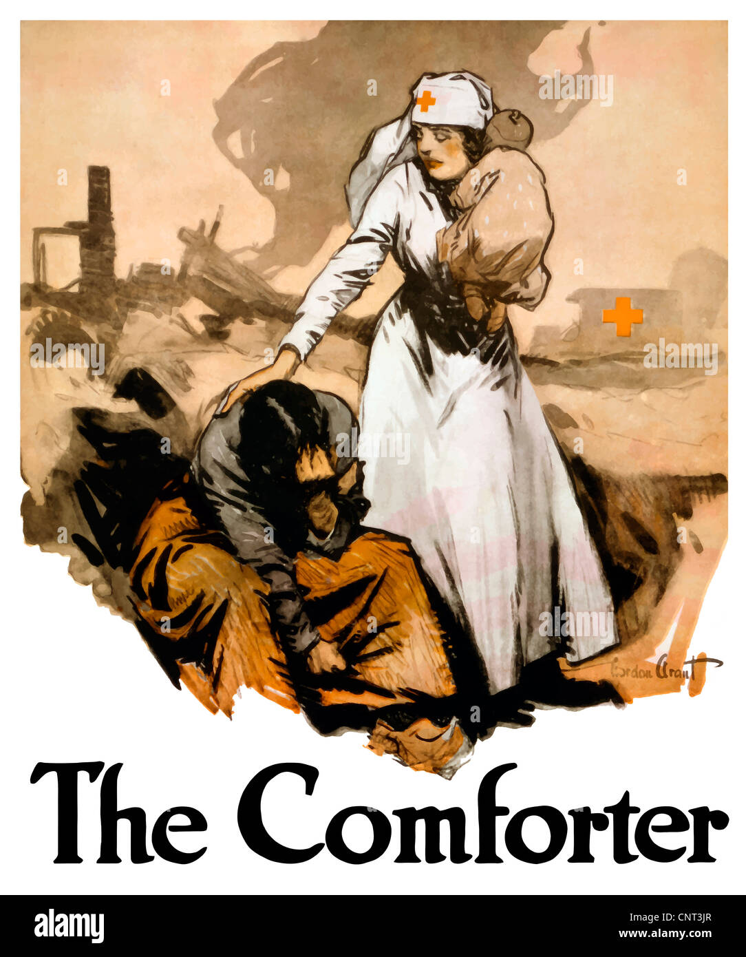 Vintage poster la Première Guerre mondiale d'une infirmière de la Croix rouge une famille réconfortante sur les ruines d'une zone de guerre. Il lit, l'édredon. Banque D'Images
