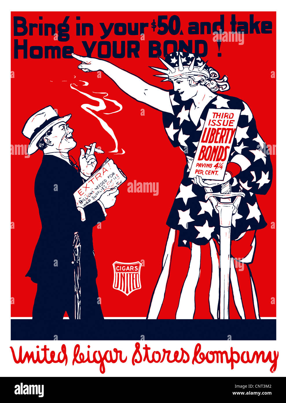 Vintage poster la Première Guerre mondiale, d'un homme fumant un cigare que Lady Liberty points à lui. Banque D'Images