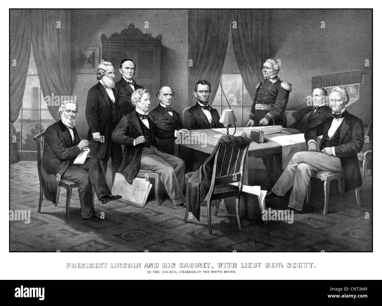 Guerre civile Vintage print du président Abraham Lincoln, son cabinet et le général Winfield Scott. Banque D'Images