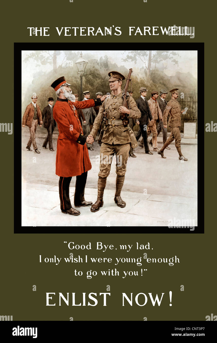 Vintage poster de la Première Guerre mondiale, un vieux vétéran aux cheveux gris rend hommage à un jeune soldat. Banque D'Images
