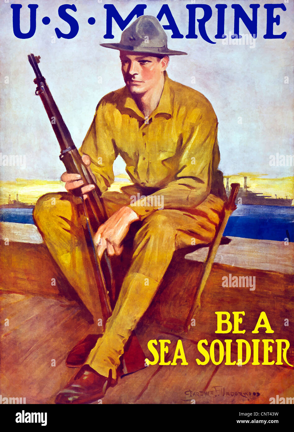 Vintage poster de la Première Guerre mondiale d'un Marine américain tenant son fusil, assis près du port. Banque D'Images