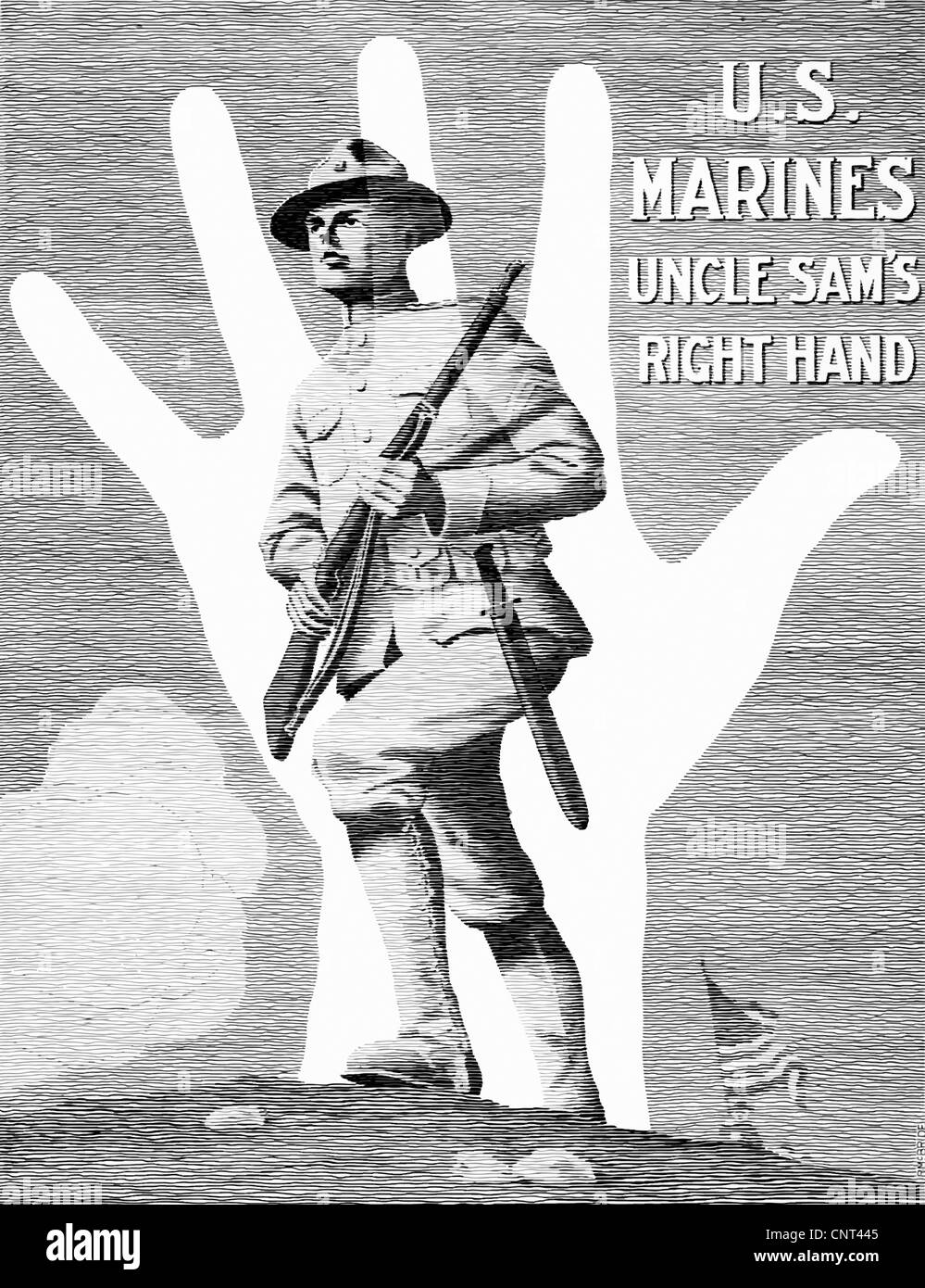 Vintage World War One affiche montrant un soldat de marine la charge d'une colline, à travers les grandes lignes d'une main droite. Banque D'Images