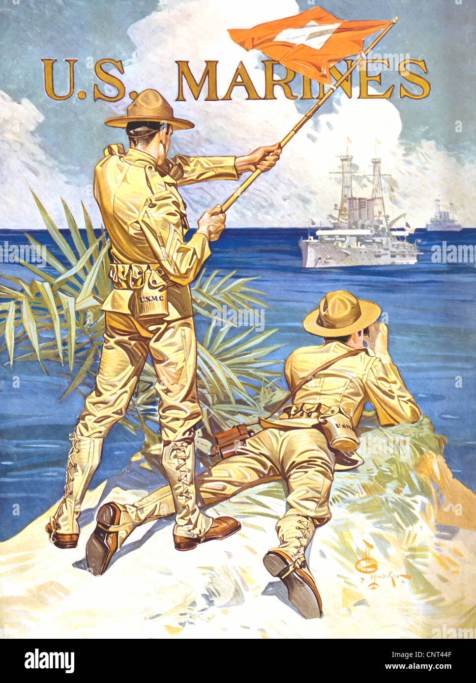 Vintage World War One affiche de deux marines, annonciatrices d'un navire avec un drapeau. Il lit, des Marines des États-Unis. Banque D'Images