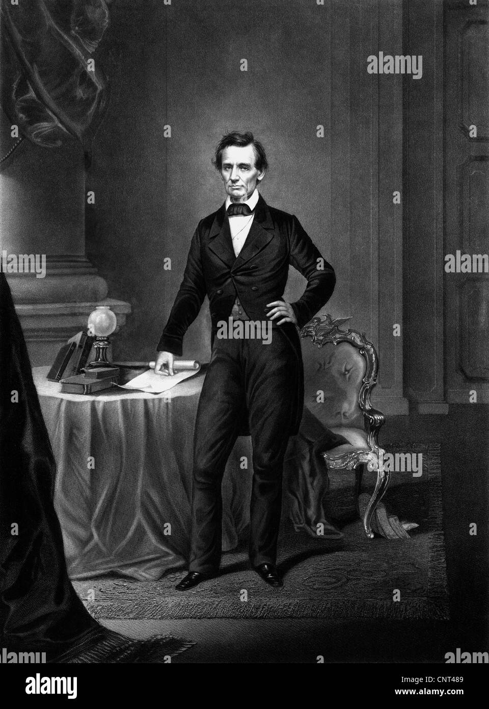 La guerre civile Vintage print du président Abraham Lincoln, debout près de la table. Banque D'Images