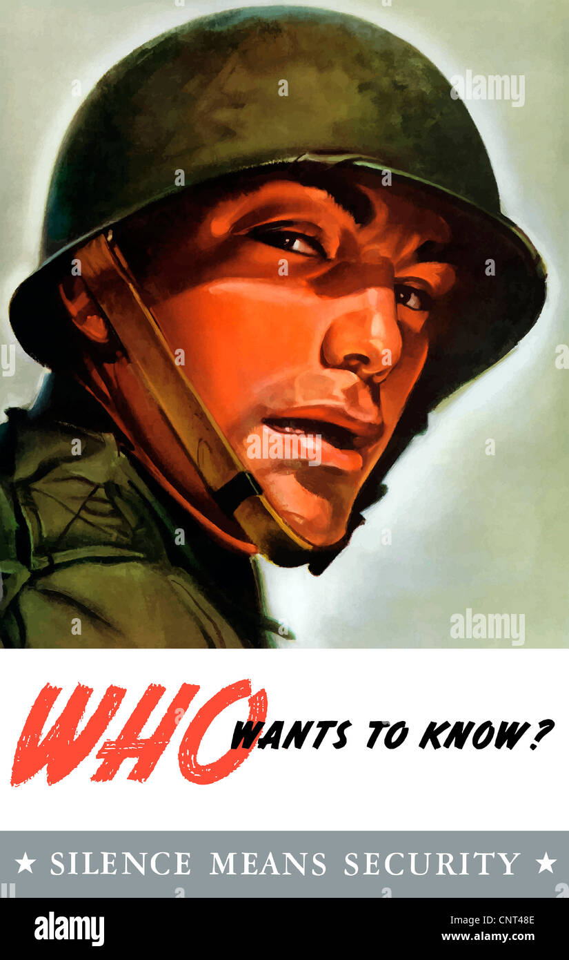 Vintage poster la seconde guerre mondiale d'un soldat portant son casque, à l'arrière. Il lit, qui veut savoir ? Le silence signifie sécurité. Banque D'Images