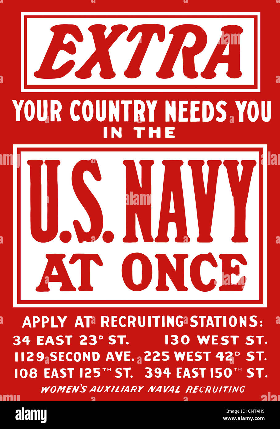 Vintage poster la Seconde Guerre mondiale, c'est un plaidoyer pour les recrues de la Marine. Il lit, Extra, votre pays a besoin de vous dans la Marine américaine à la fois. Banque D'Images