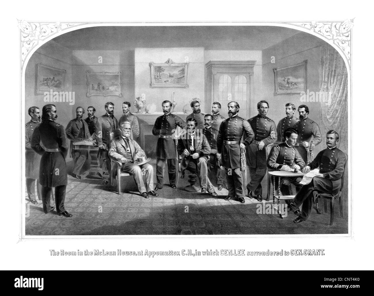 Guerre civile Vintage print du Général Lee remettre son Les forces confédérées de la subvention. Banque D'Images