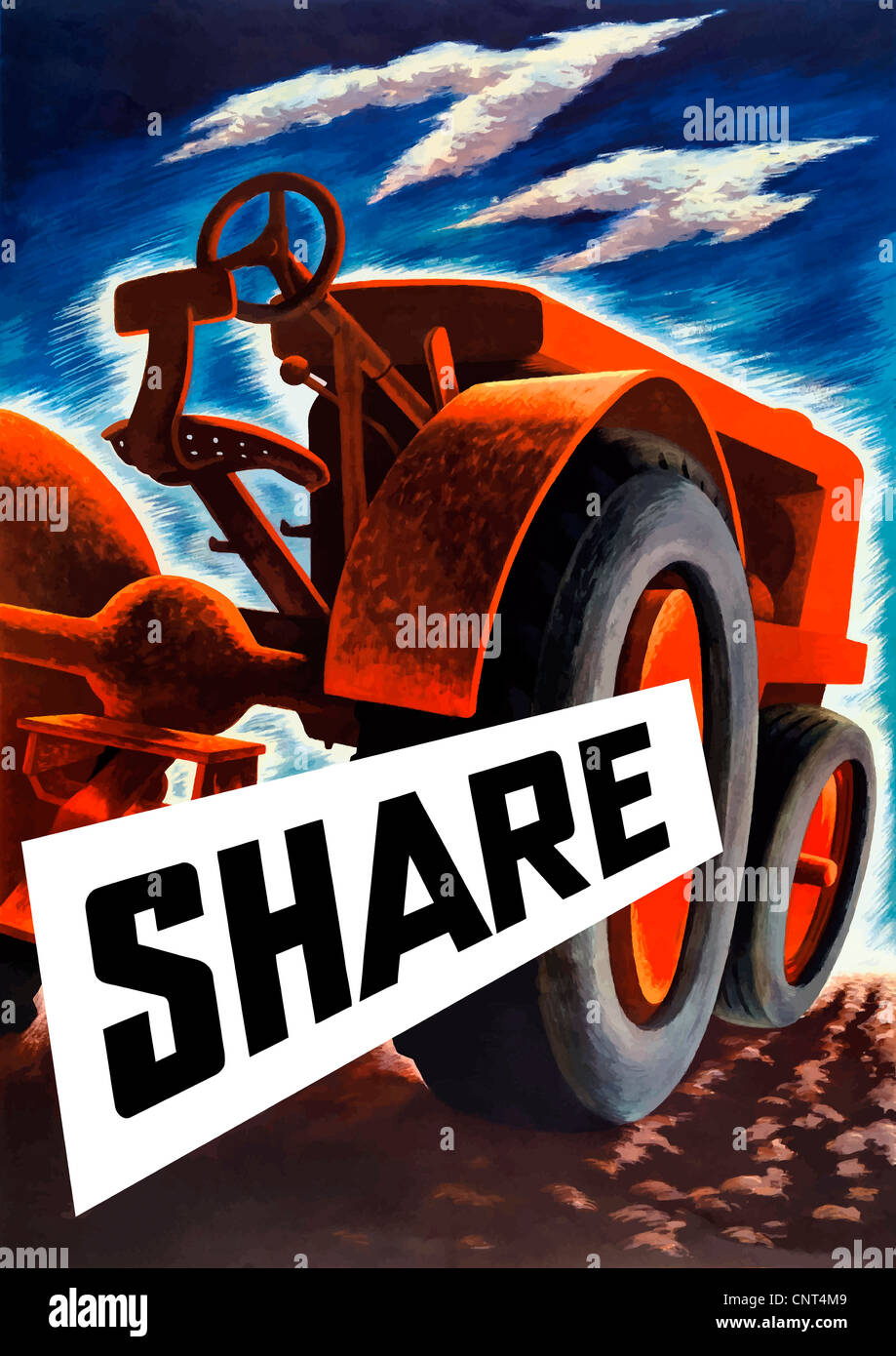 Vintage poster la seconde guerre mondiale d'un tracteur labourant un champ. Il lit, Partager. Banque D'Images