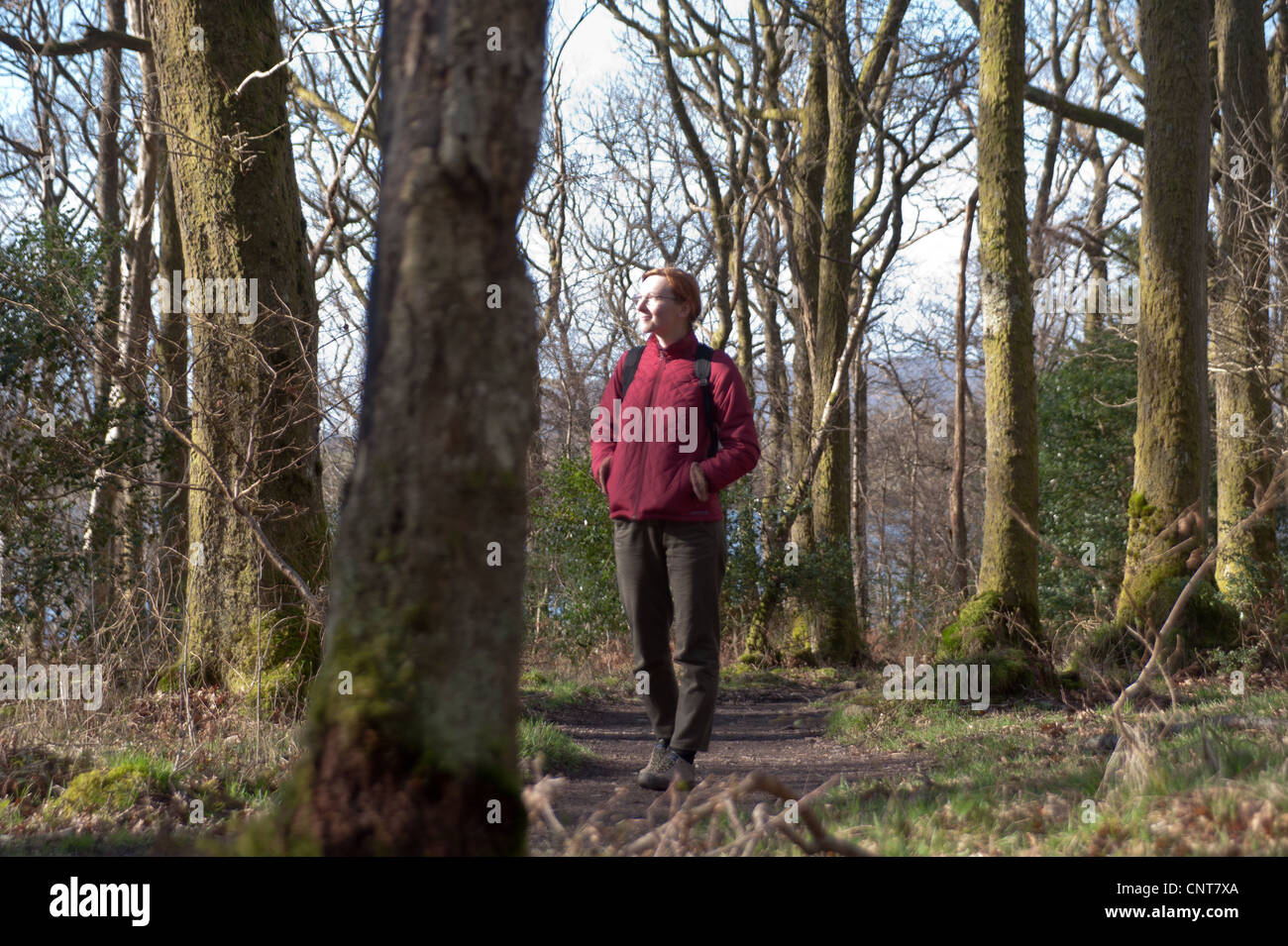 Une femme cesse de prendre dans la vue tout en marchant le West Highland Way sur les rives du Loch Lomond en Ecosse Banque D'Images