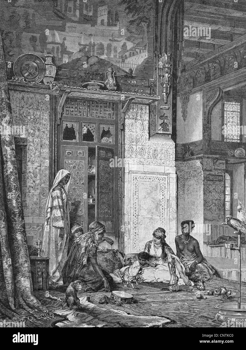 Dans un harem du calife, historique de la gravure sur bois, ca. 1880 Banque D'Images