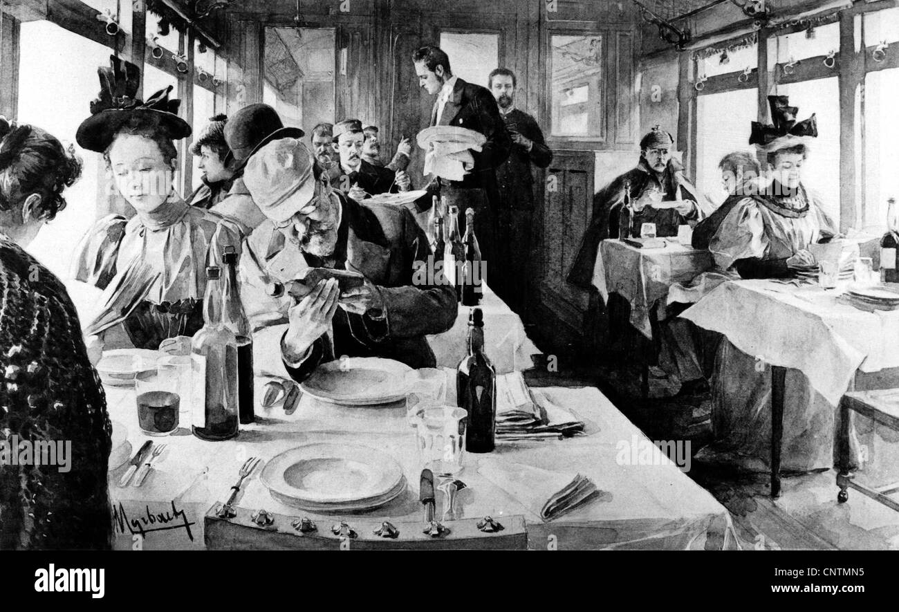 Transport / transport, chemin de fer, Orient Express, chariot à manger, après dessin par Felician von Myrbach-Rheinfeld, gravure en bois, vers 1895, droits supplémentaires-Clearences-non disponible Banque D'Images